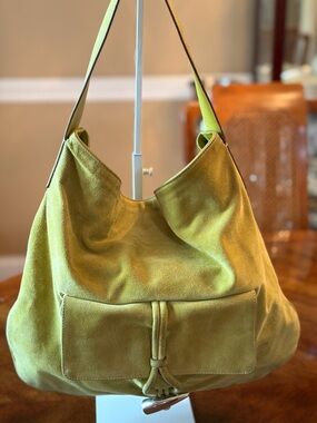 Oh So Chic Burberry Green Suede Shoulder/Hobo Bag Horn Closure.